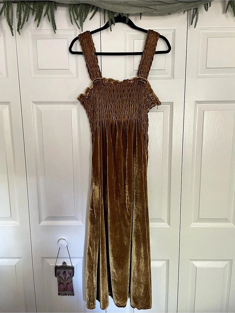 Free People Smocked Velvet Maxi Dress in Gold Size Small NWT